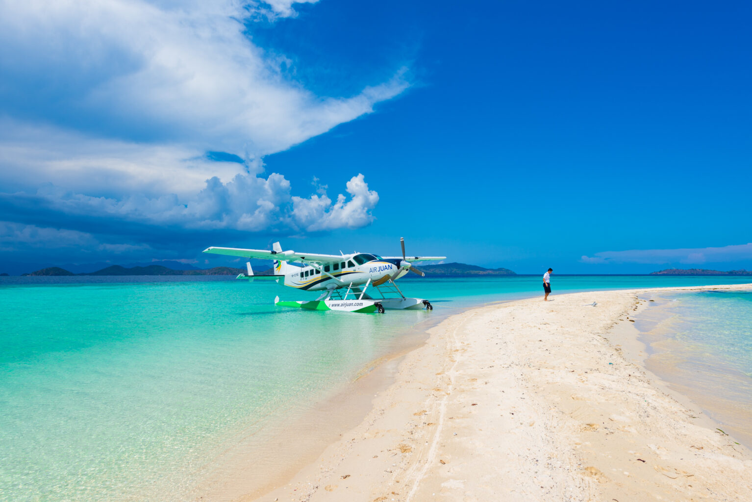 Cessna C208B-EX Seaplane beached on a remote island in the Philippines.